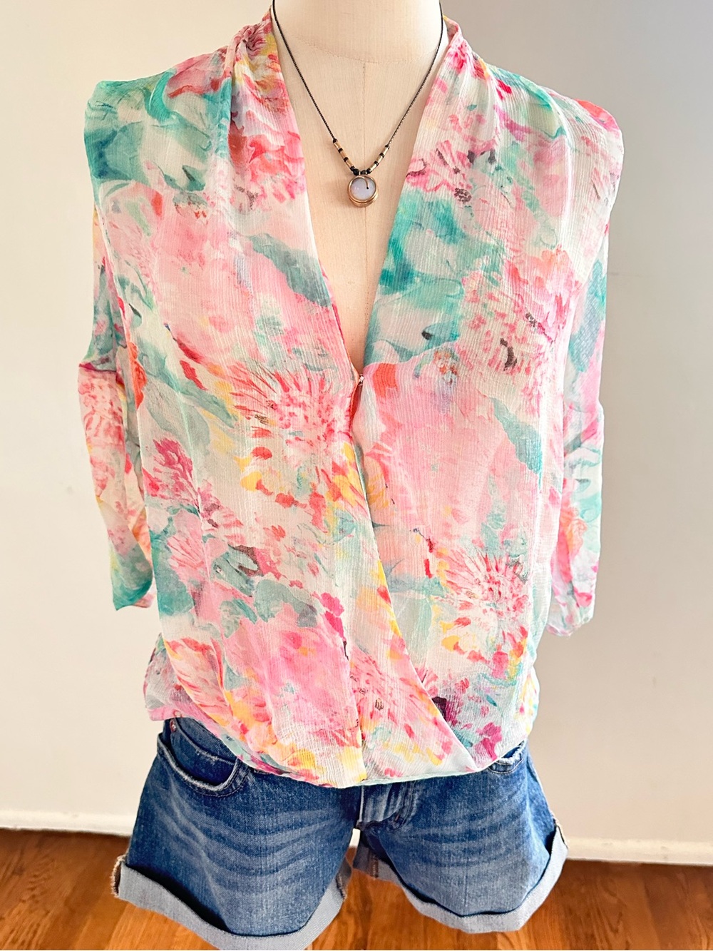 Chelsea28 Watercolor Floral Surplice Wrap Blouse Pink Aqua Breezy Top XS